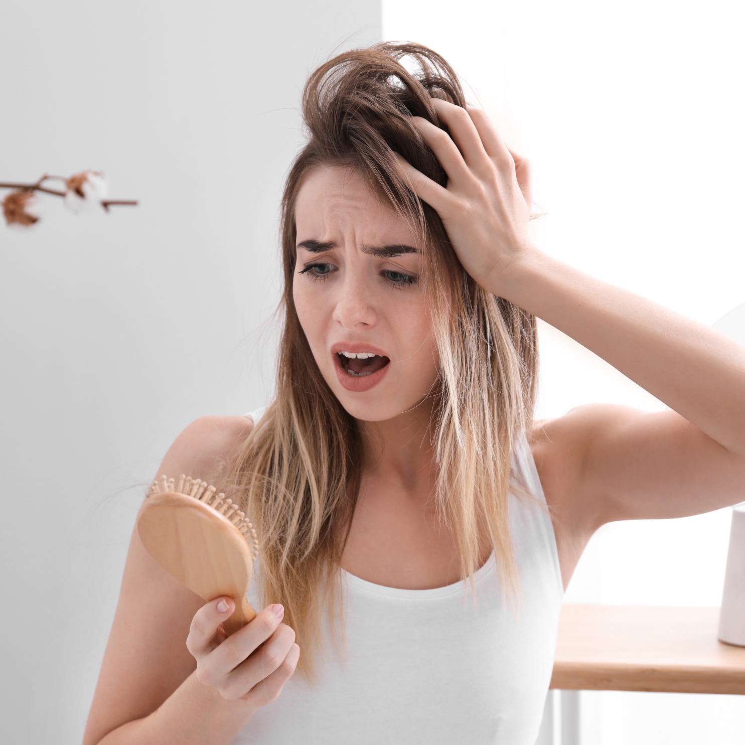 Woman looking shocked at hairbrush with hair strands.