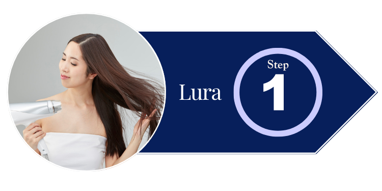 Person blow-drying hair with 'Step 1' text on a blue background.