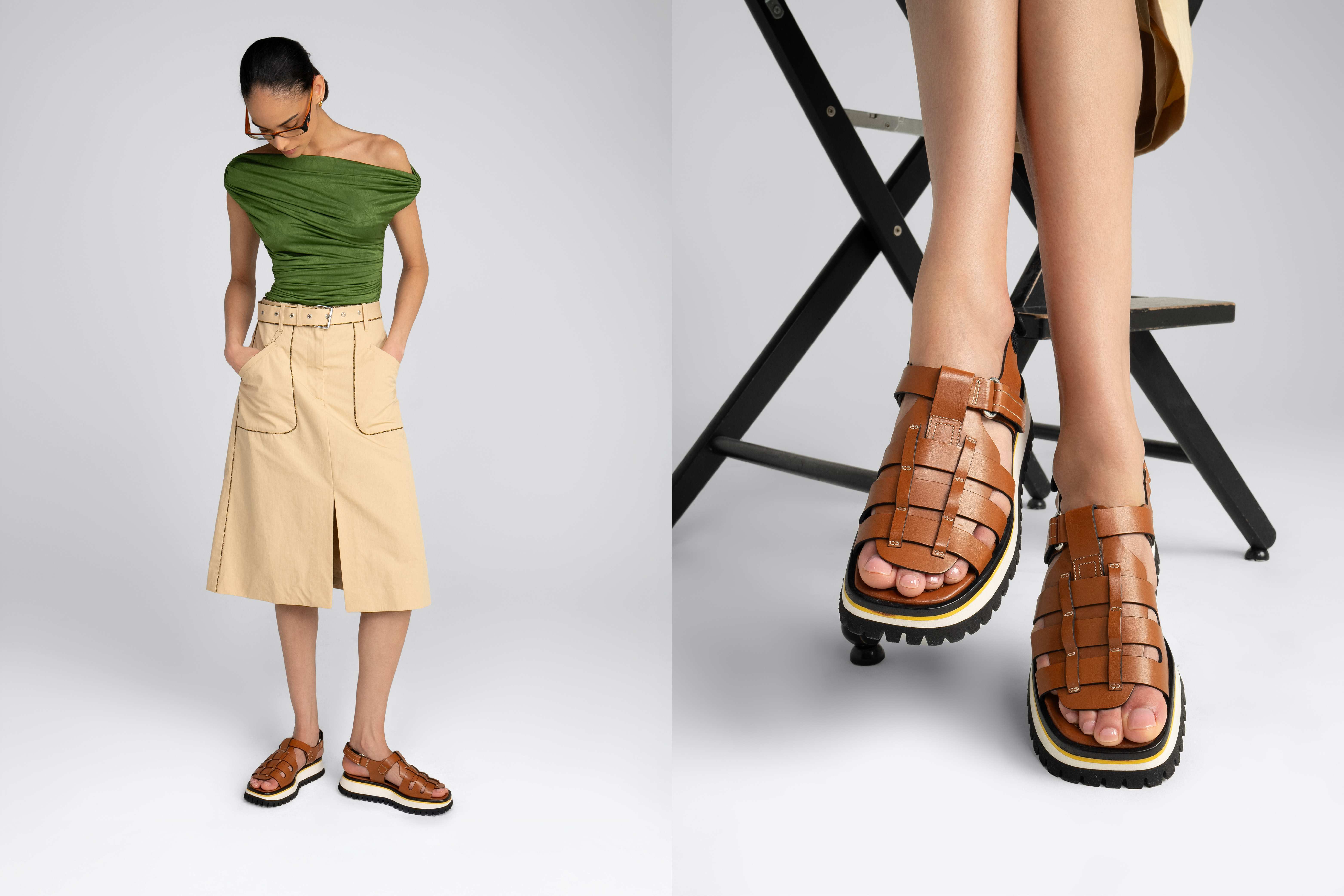 Person in green top and beige skirt with brown sandals; close-up of sandals.