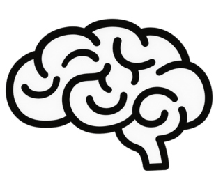 A simple black and white line drawing icon of a human brain shown in profile.