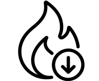 A line icon of a flame with a circle containing a downward arrow on the bottom right.