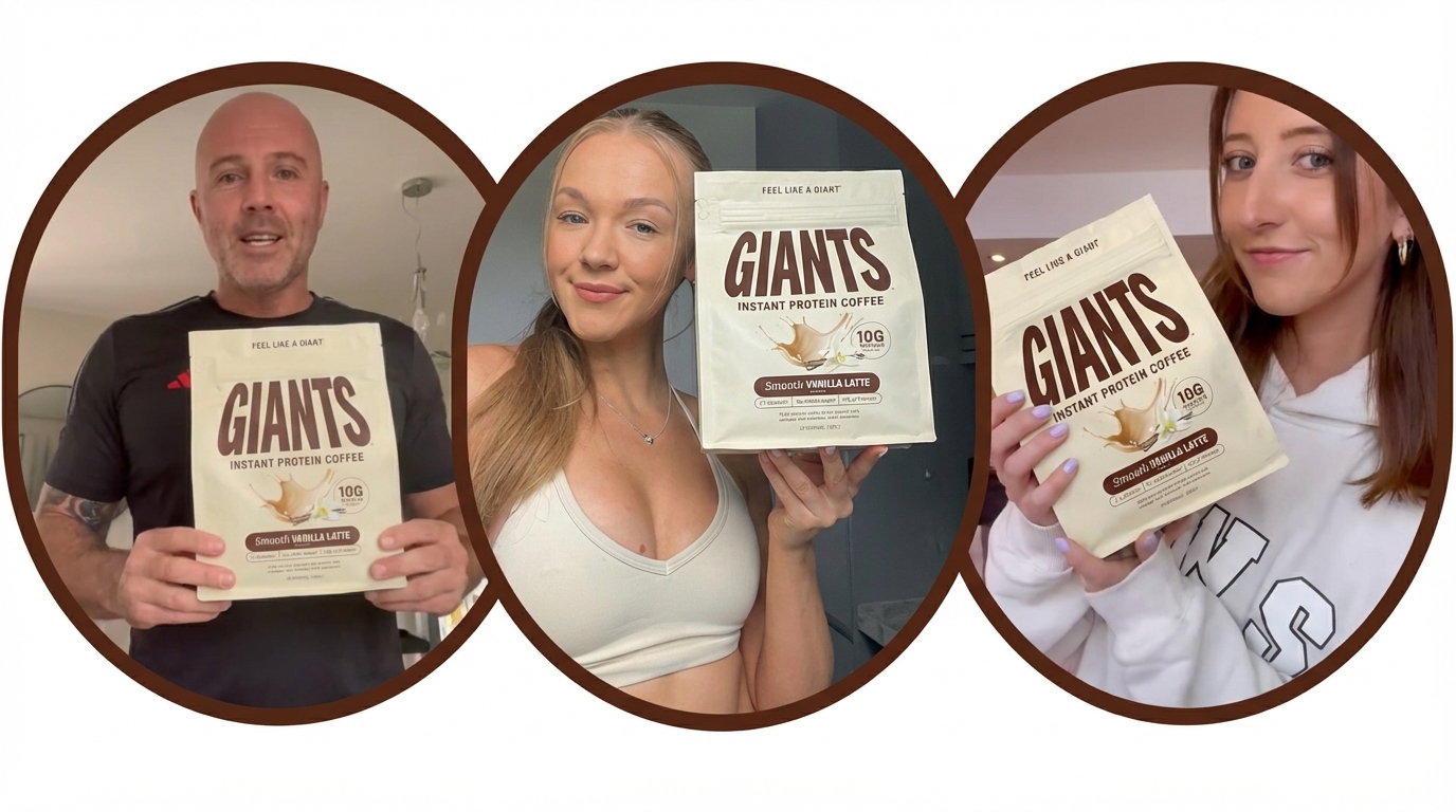 Three people holding bags of Giants Instant Protein Coffee.