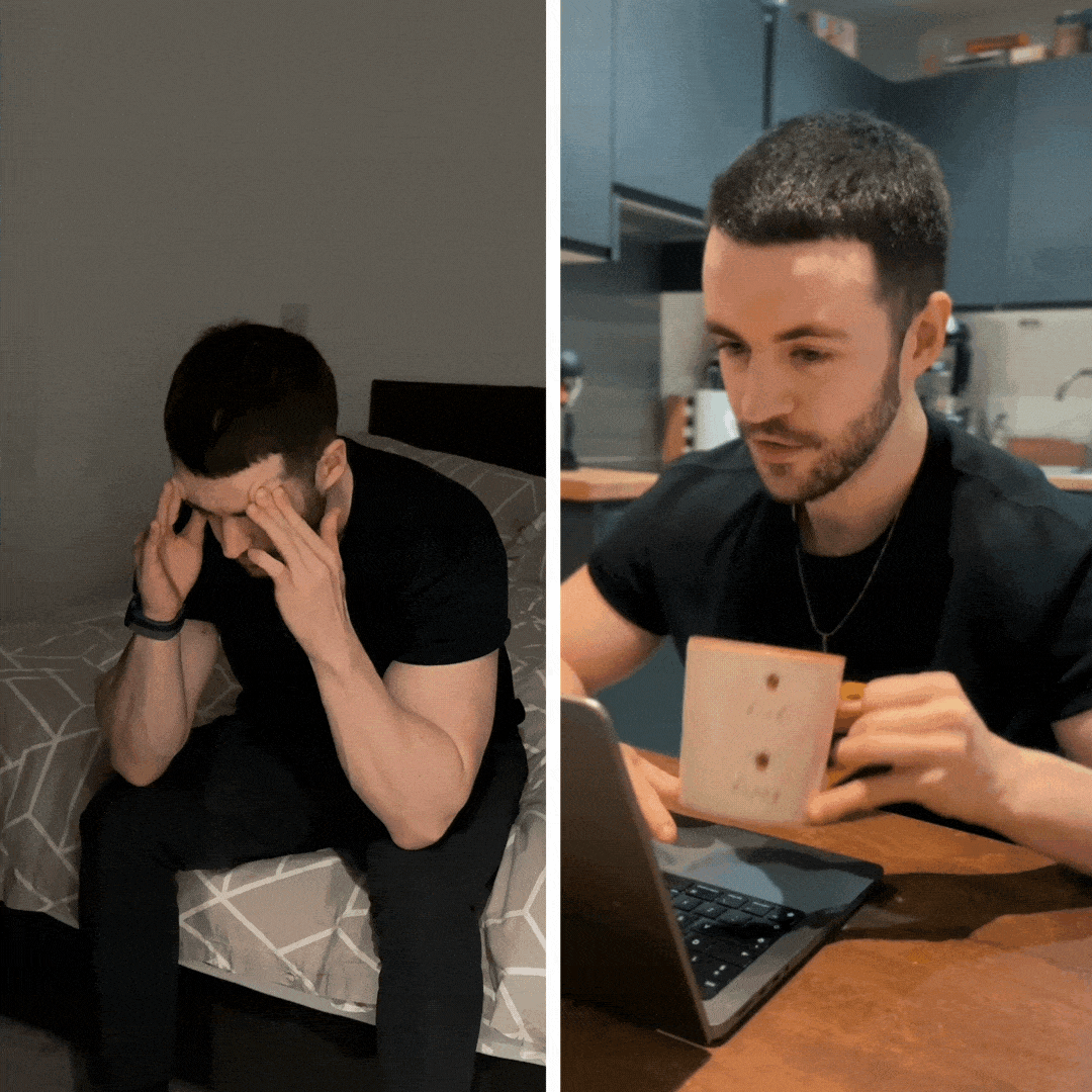 Split image: person sitting on bed holding head, person at table with laptop and coffee.