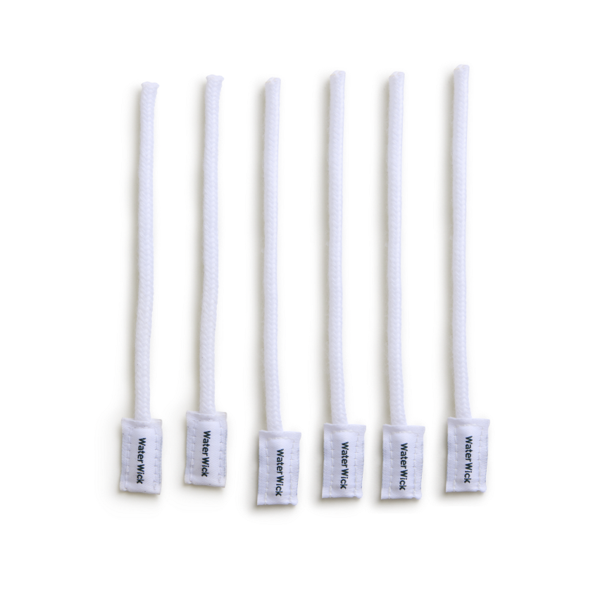 Six white water wicks with labeled tags.