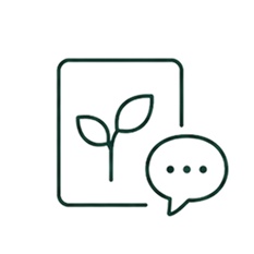 A line art icon of a plant sprout in a frame with a speech bubble.