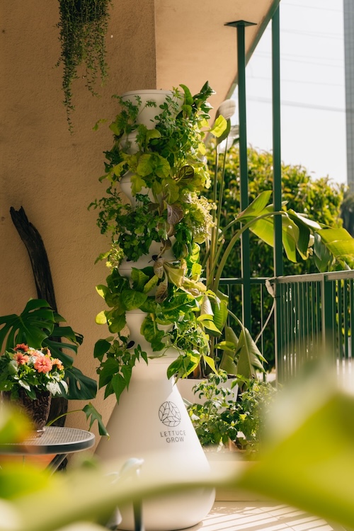 Vertical garden tower with lush green plants on a sunny balcony.