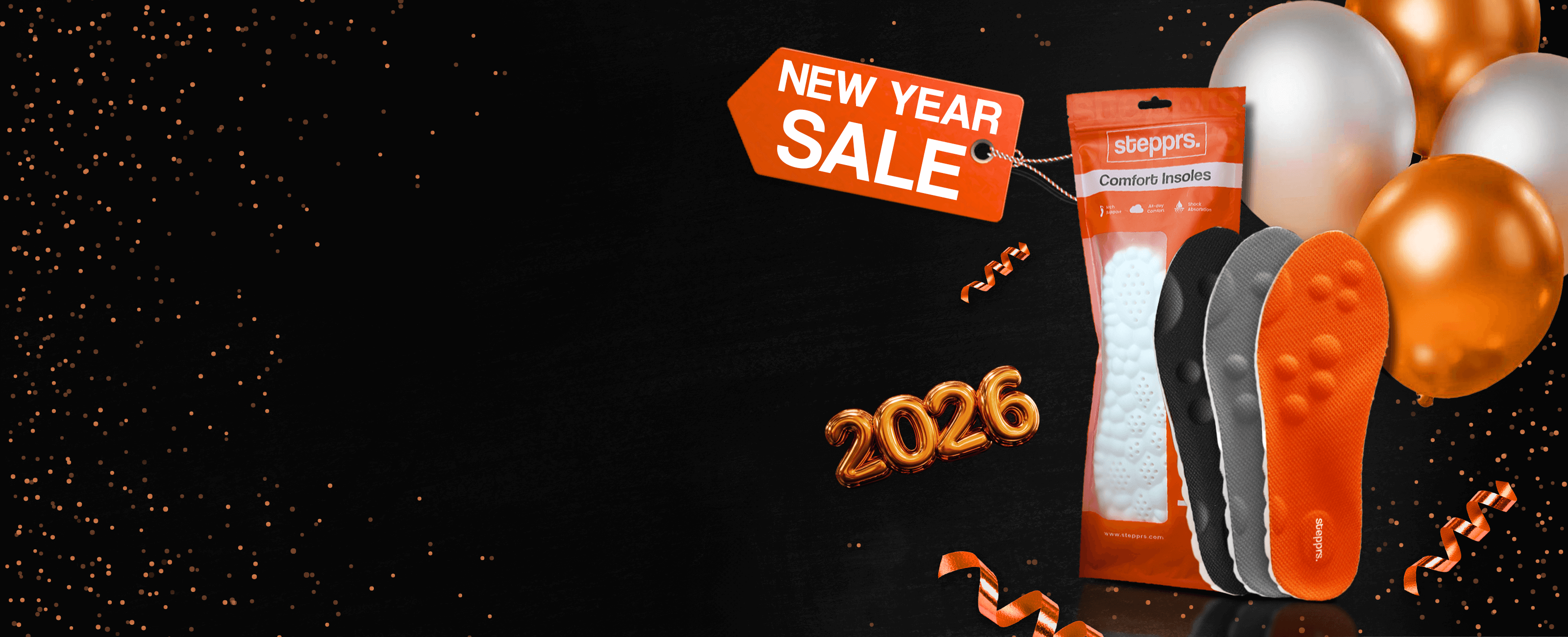 New Year sale banner with insoles, balloons, and 2026 text.