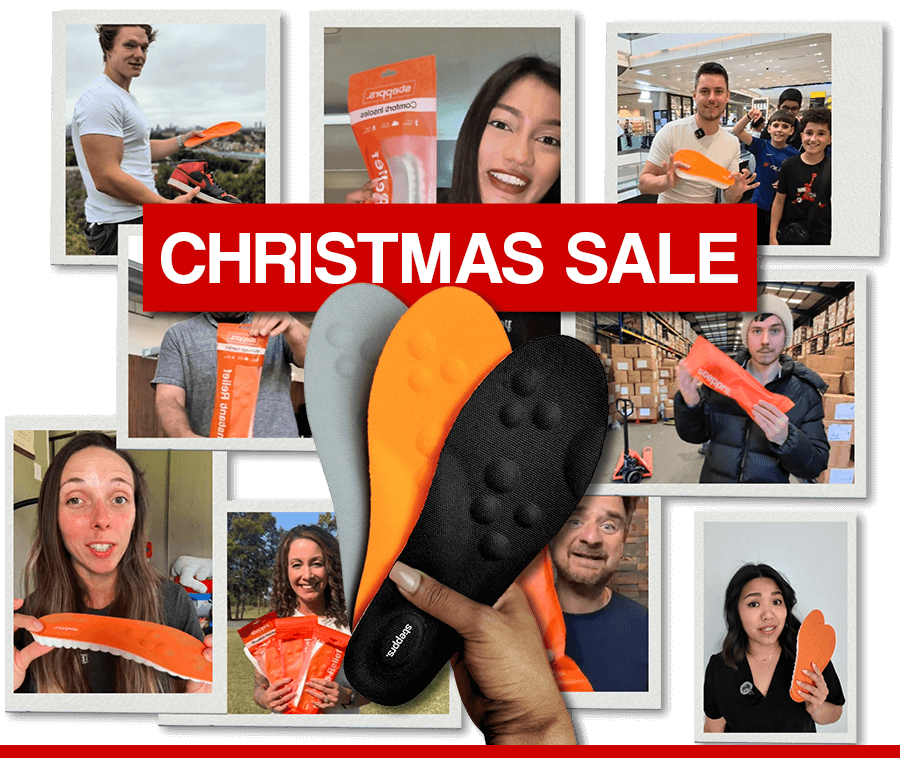 Collage of people holding orange insoles, with 'CHRISTMAS SALE' text overlay.