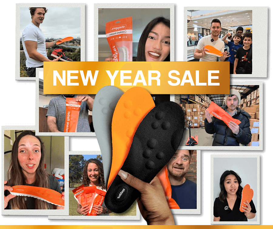 Collage of people holding shoe insoles under a 'New Year Sale' banner.