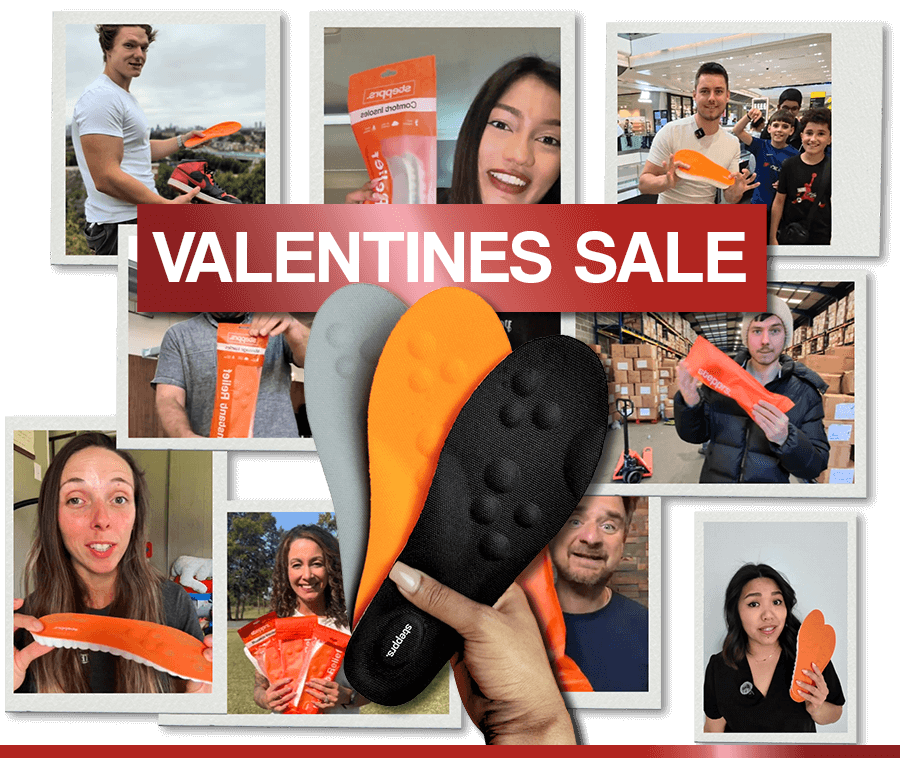 A collage of people holding shoe insoles, with a 'Valentines Sale' banner over the top.