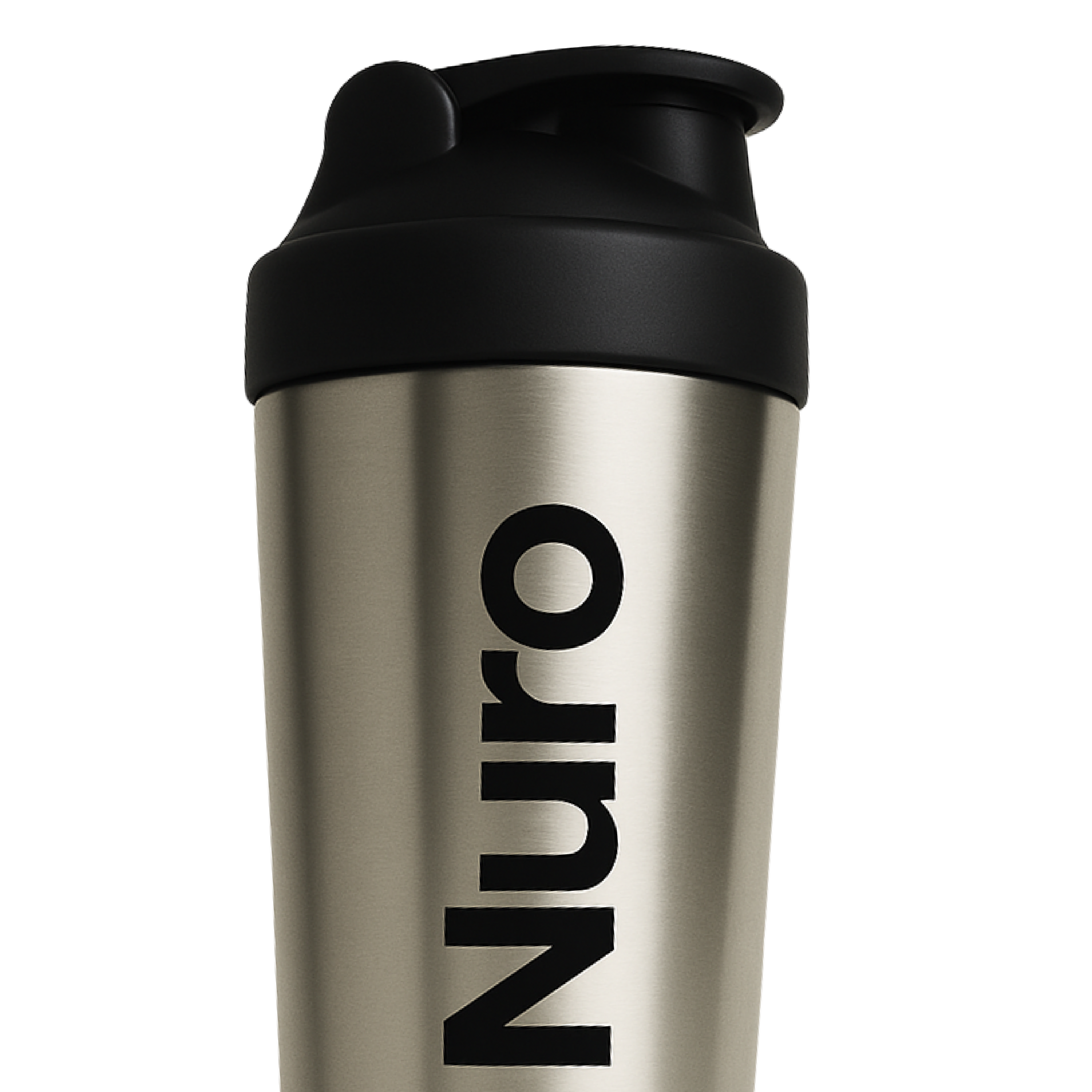 Stainless steel tumbler with black lid and 'Nuro' text.