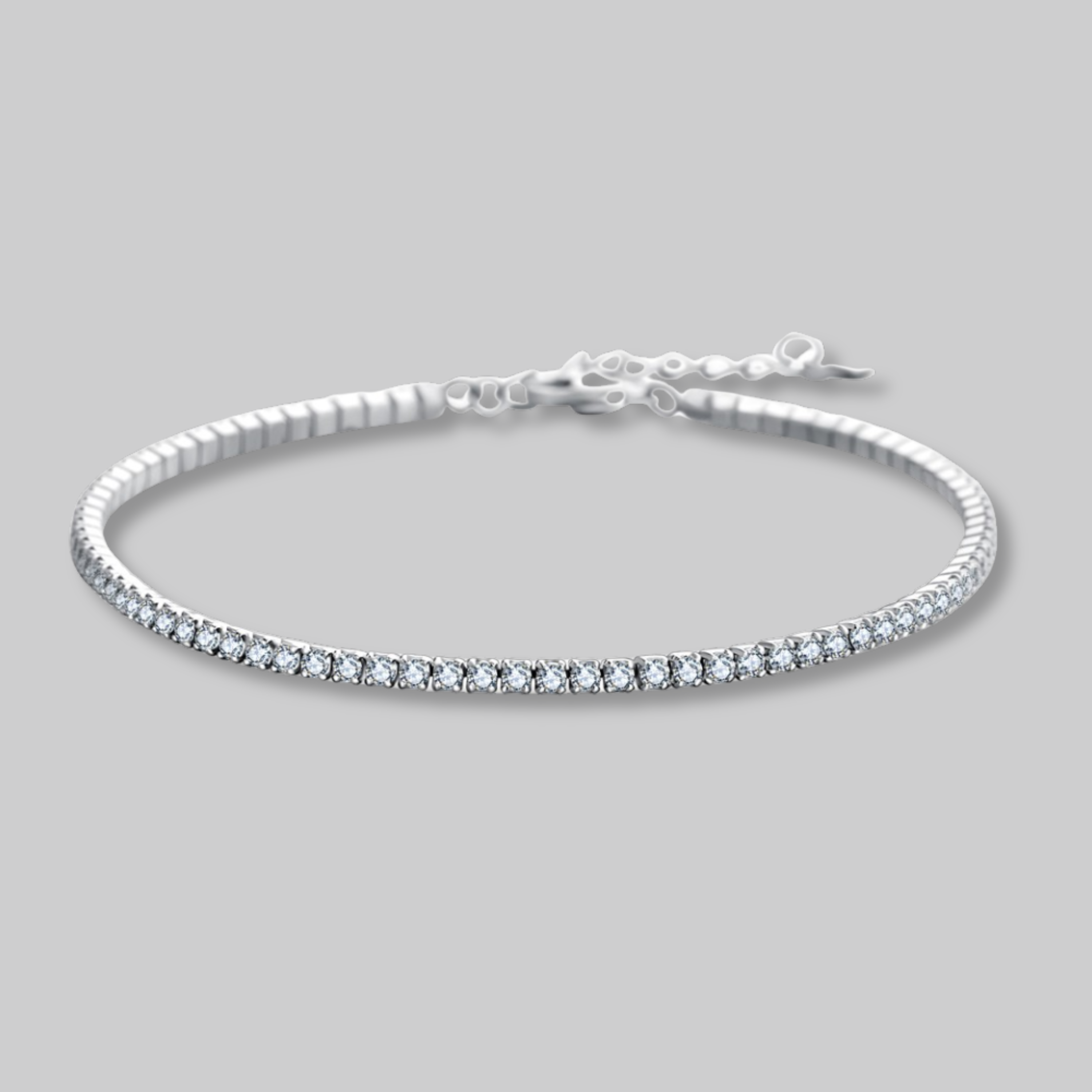 Diamond tennis bracelet on a light gray background.