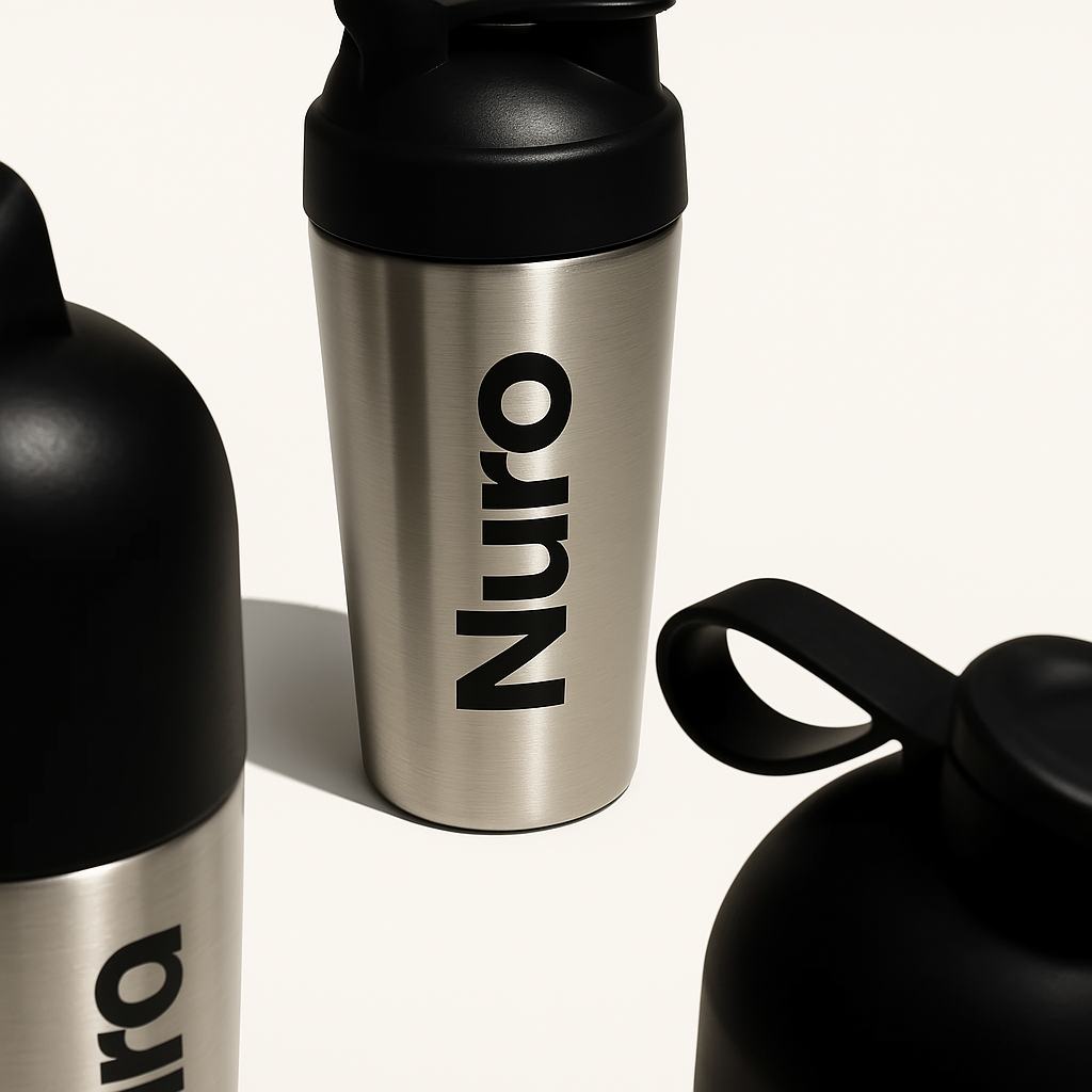 Stainless steel bottle with black lid and 'Nuro' text.