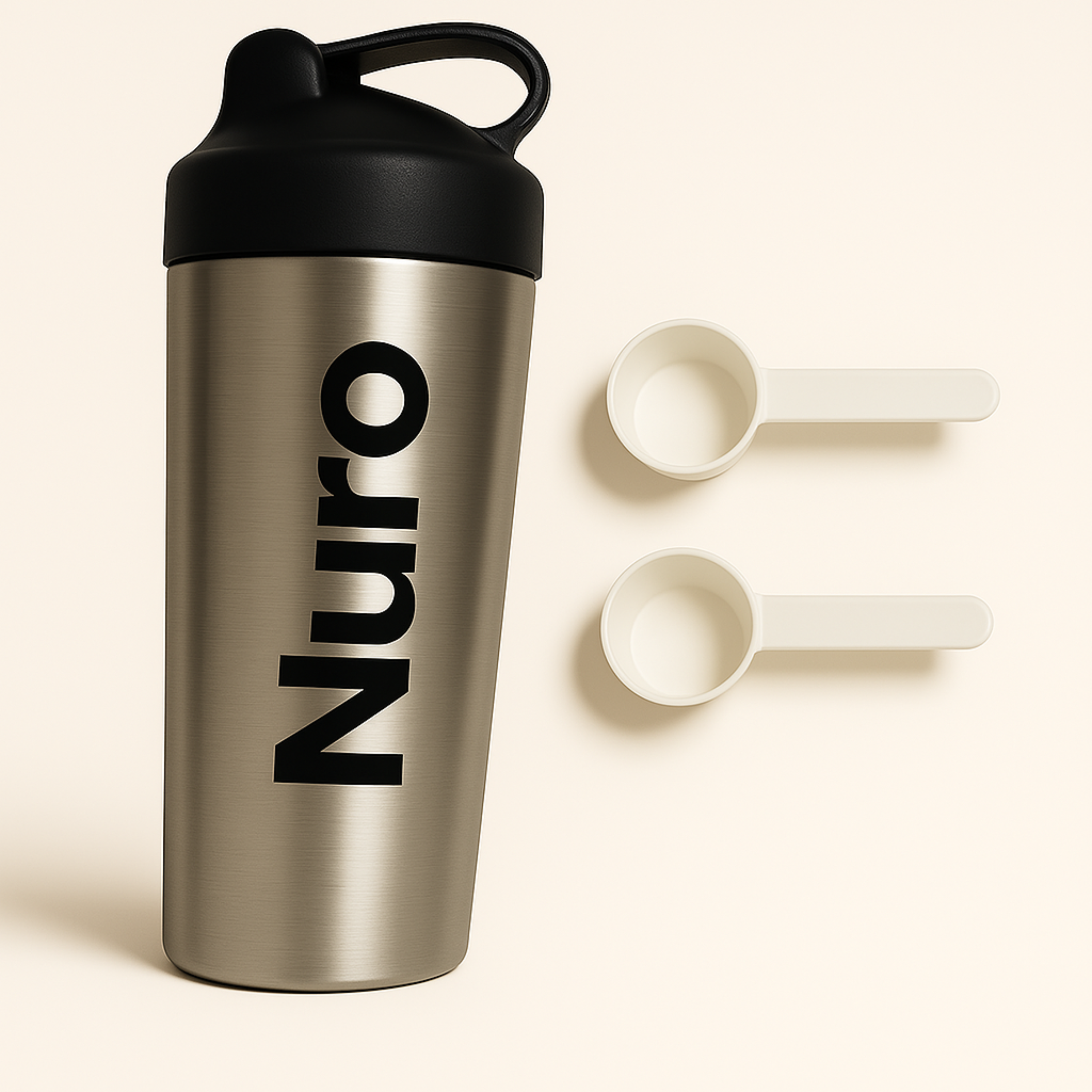 Metallic shaker bottle with 'Nuro' text and two white measuring scoops.