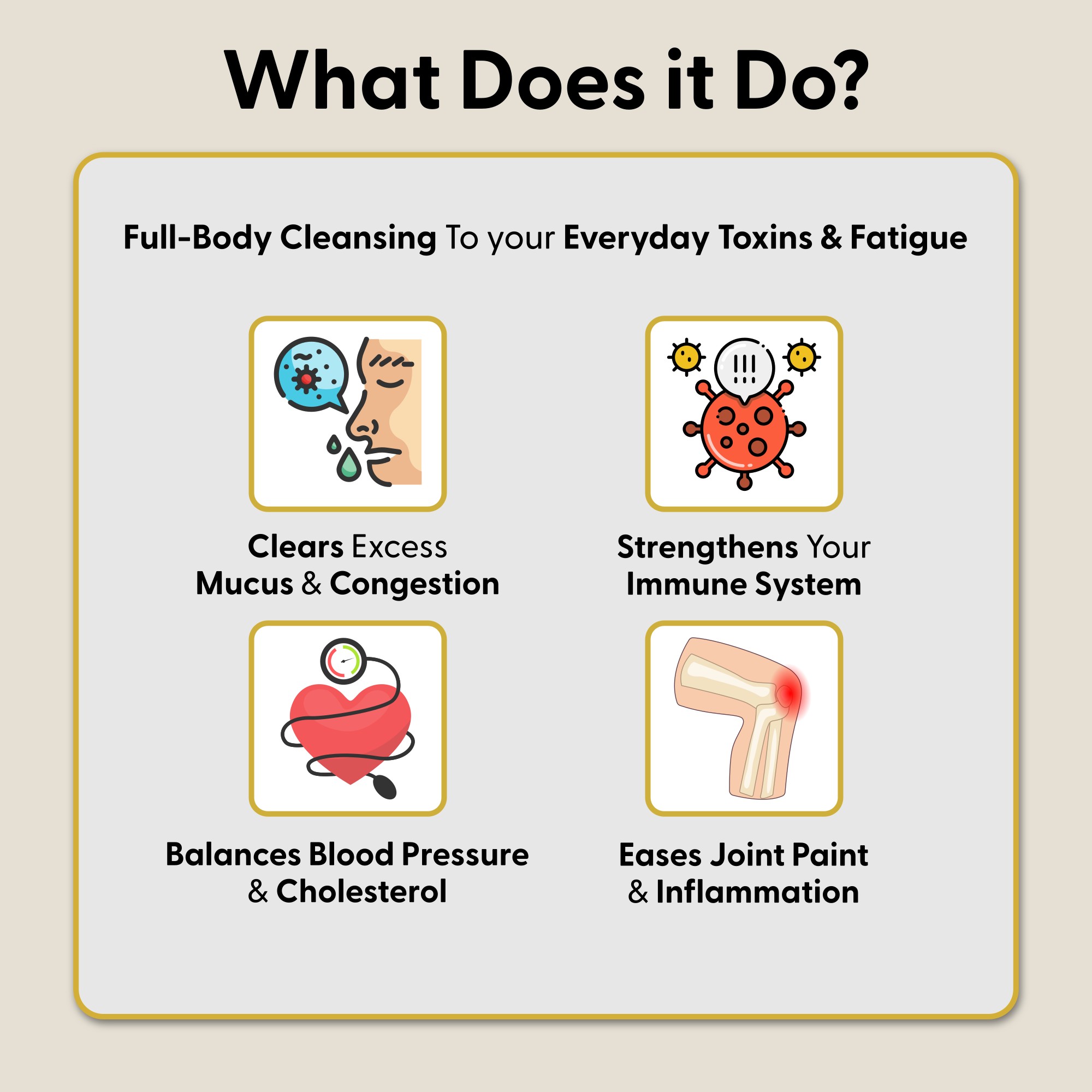 Infographic on full-body cleansing benefits: mucus clearing, immune strengthening, blood pressure balancing, joint pain easing.