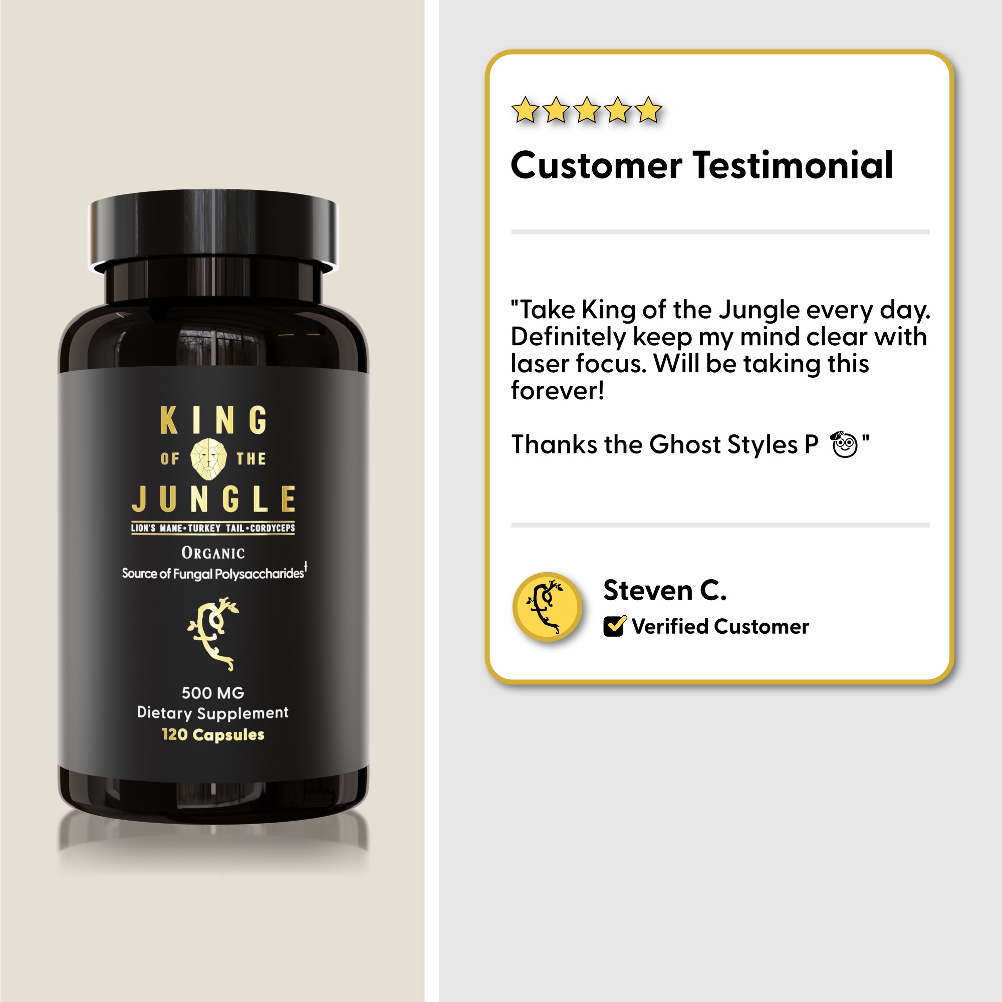 Supplement bottle with customer testimonial and five-star rating.