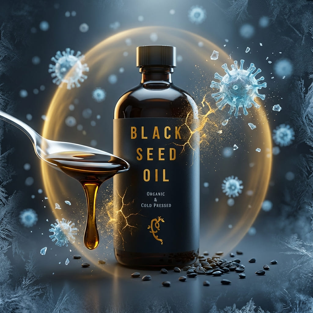 A bottle of black seed oil and a spoonful of oil, surrounded by artistic renderings of viruses.