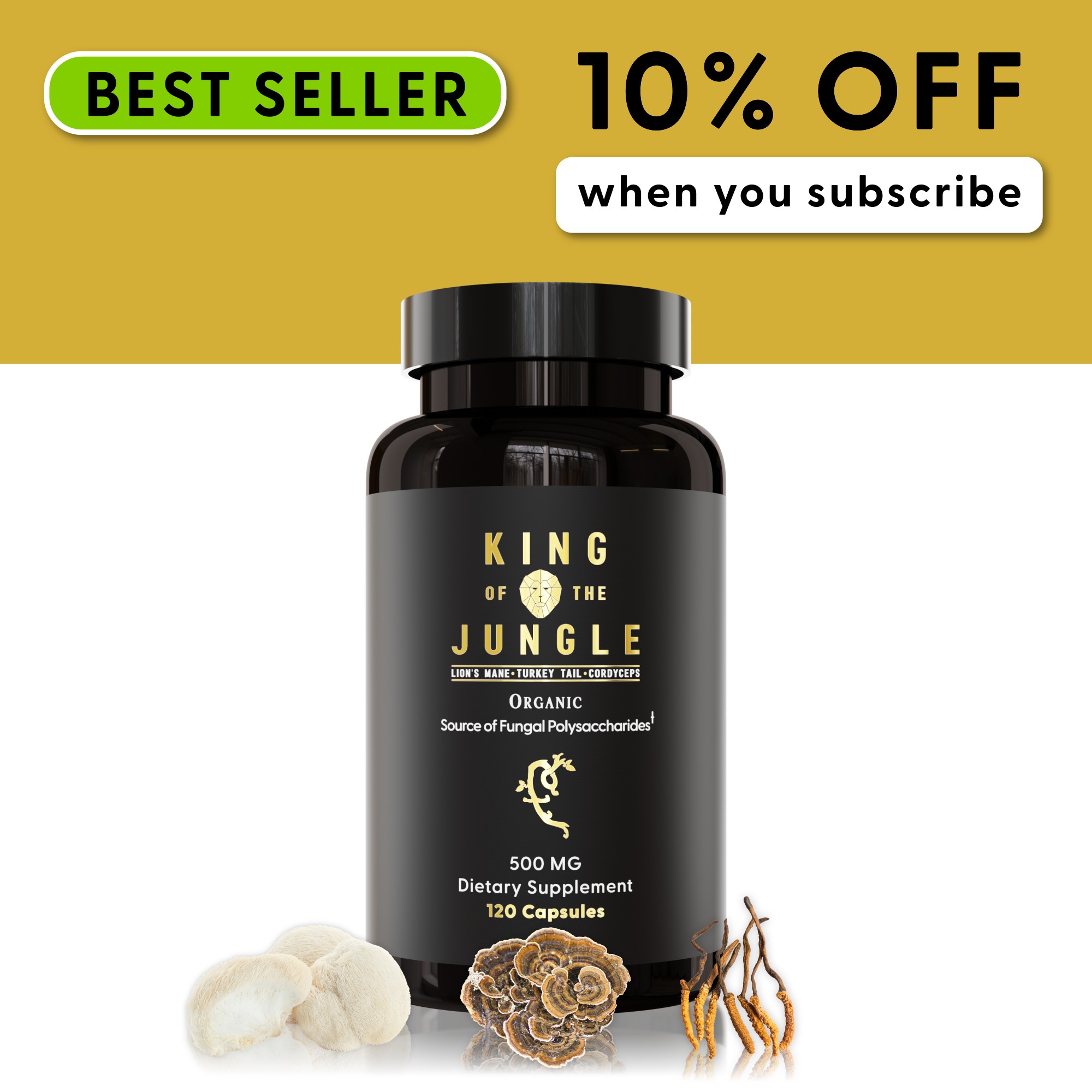 Black supplement bottle labeled 'King of the Jungle' with mushrooms, 10% off offer.