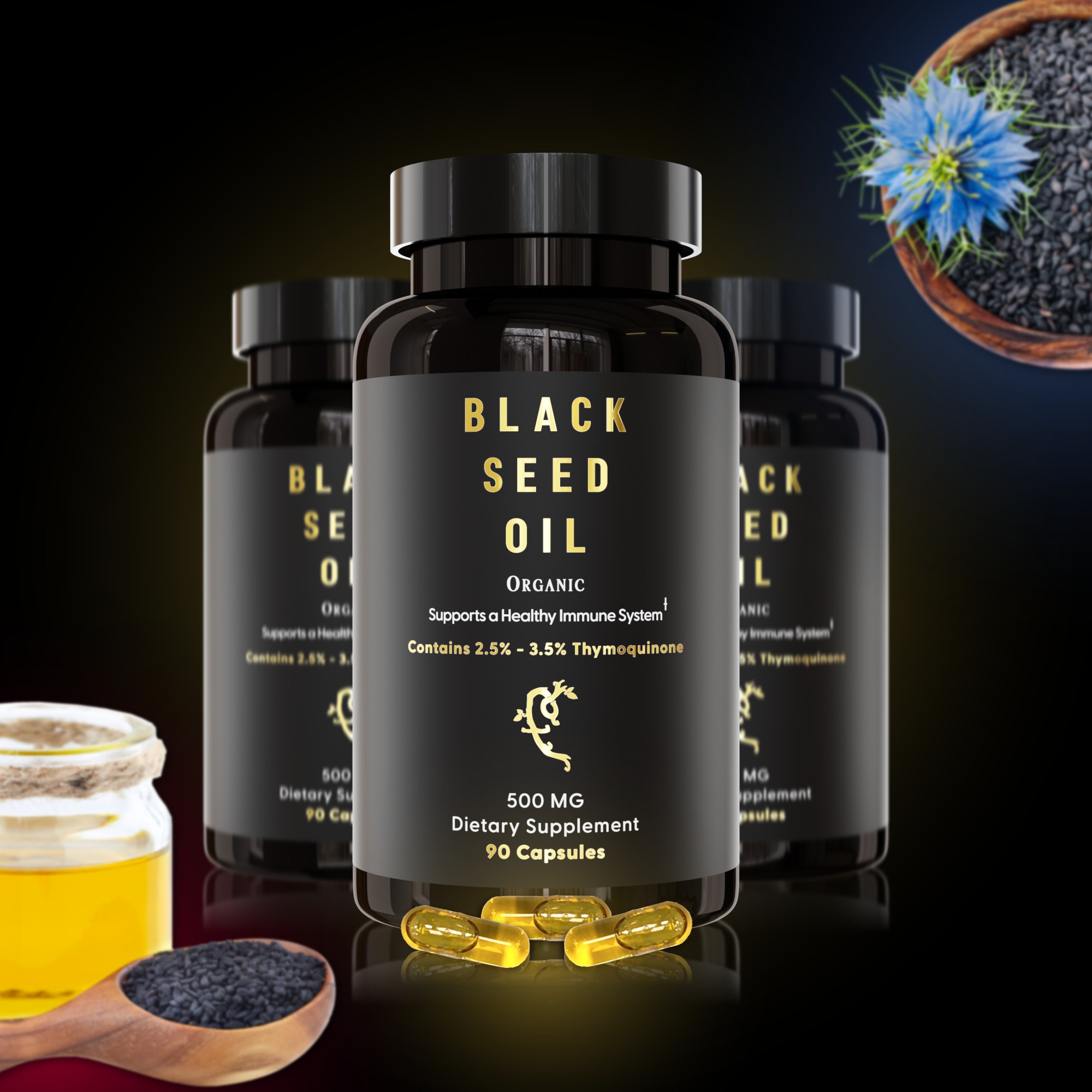 Three bottles of black seed oil capsules with seeds and oil in the background.