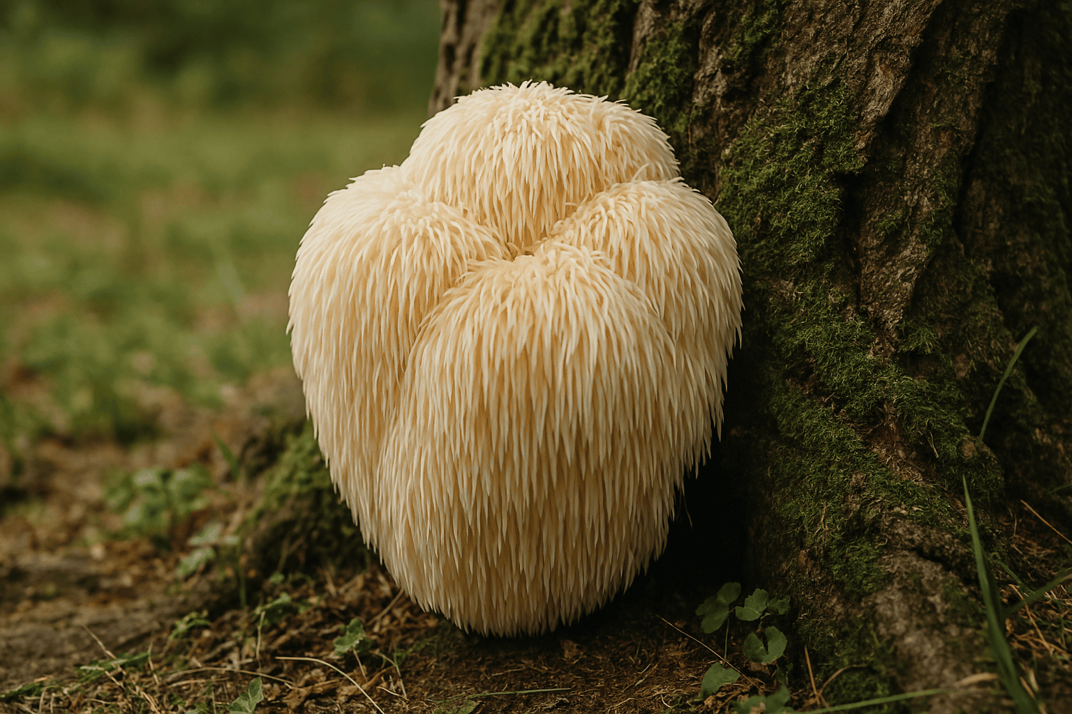 A fluffy, cream-colored mushroom growing at the base of a tree.