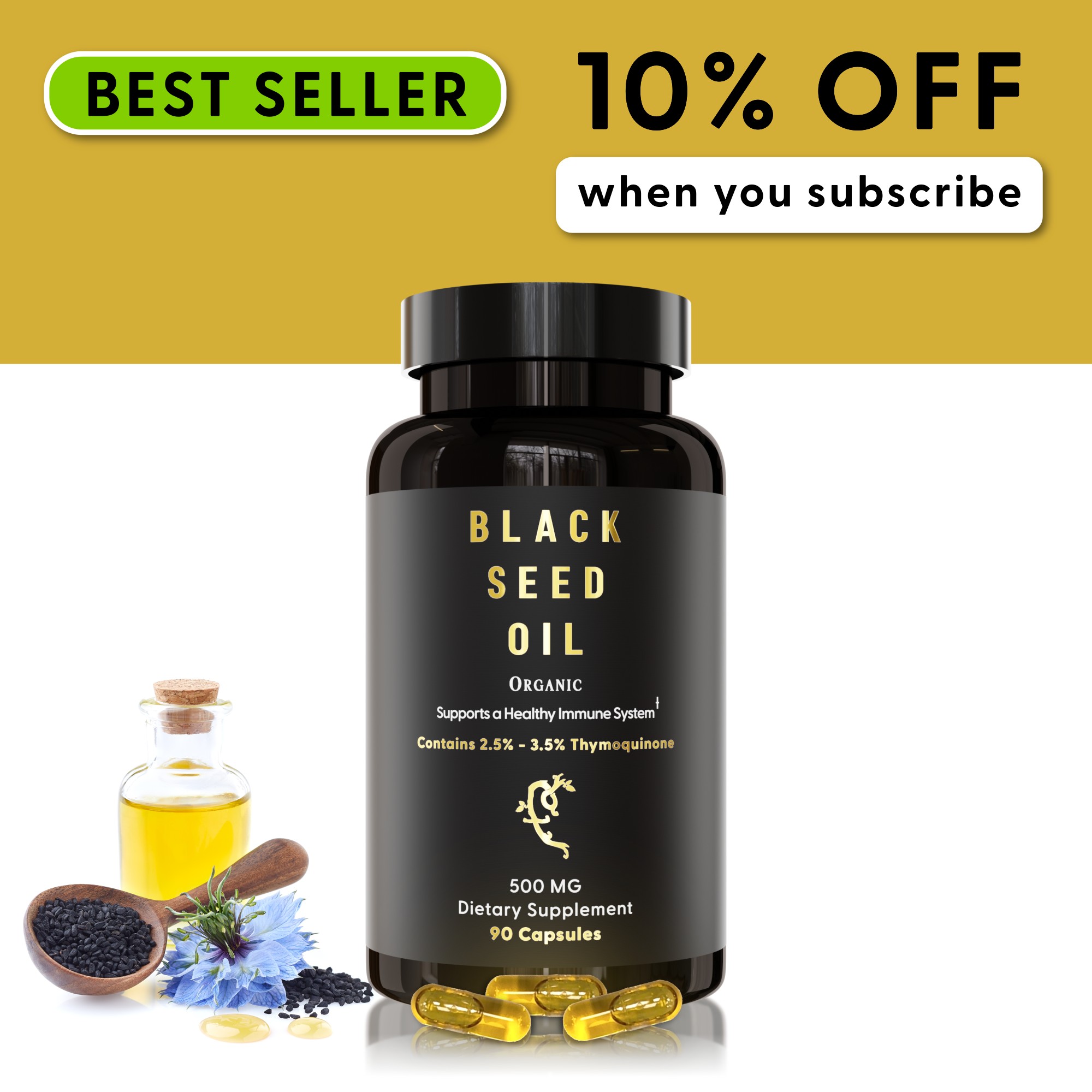 Black seed oil bottle with capsules, seeds, and flowers, labeled 'Best Seller' and '10% off'.