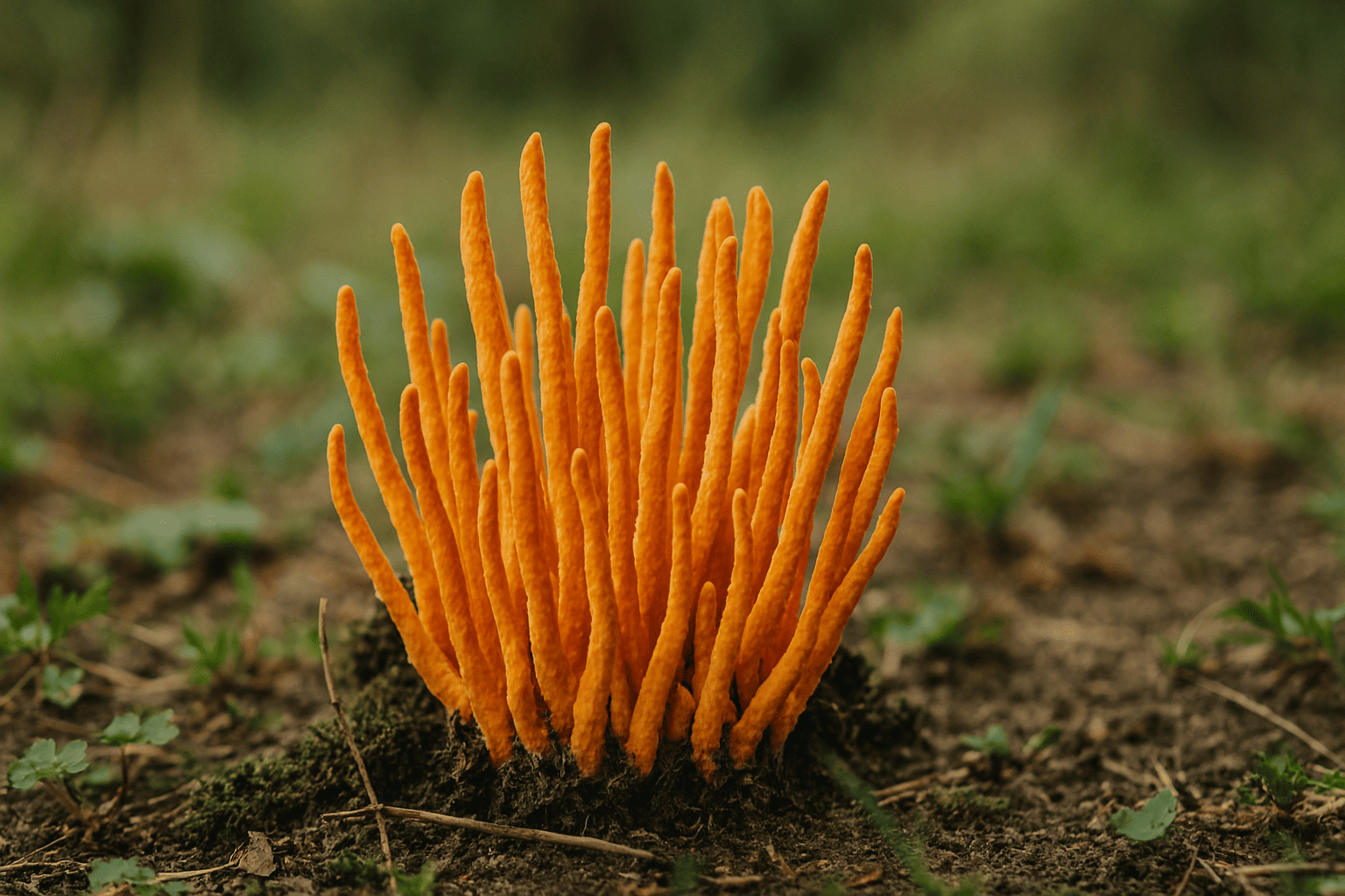 Bright orange fungus growing on forest floor.