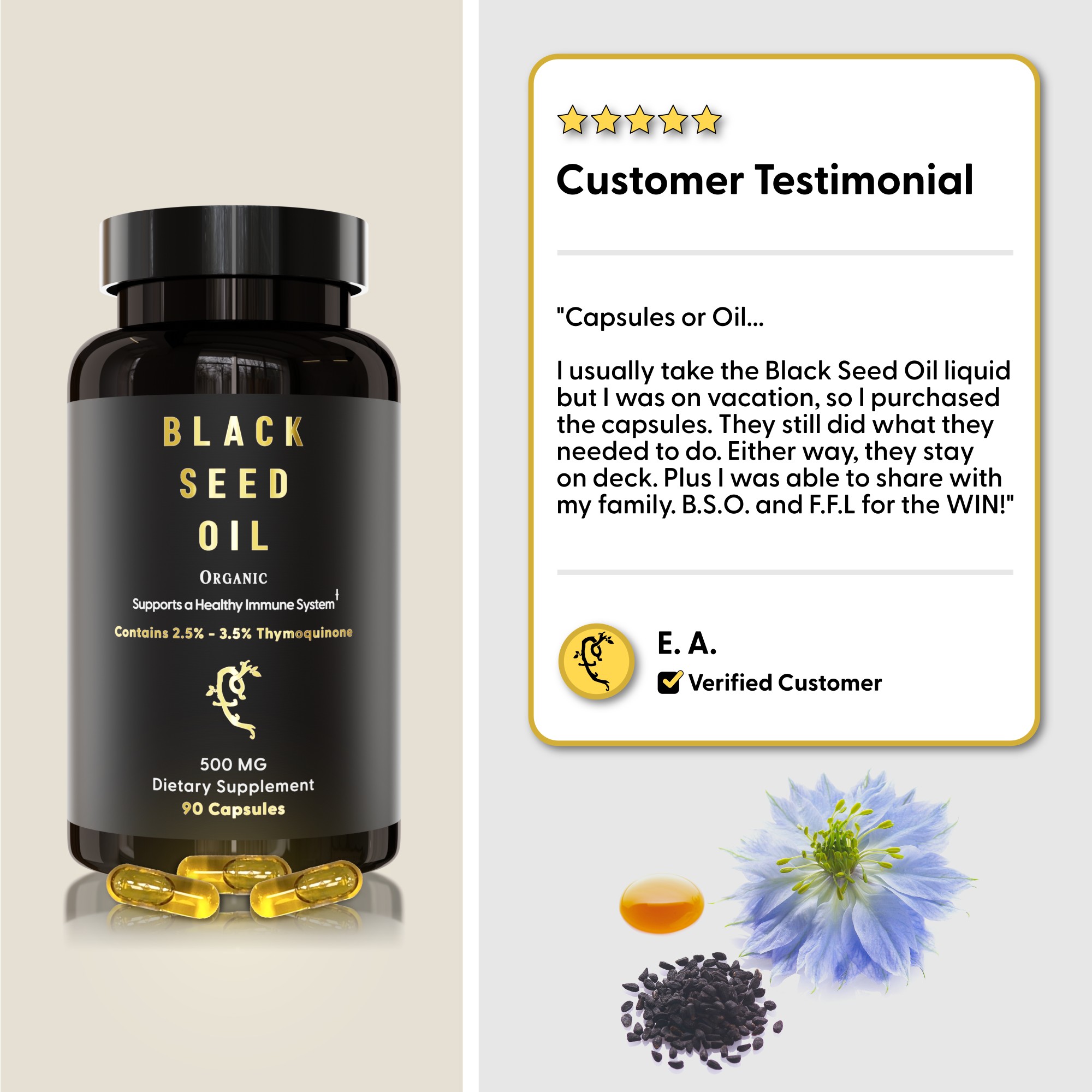 Black Seed Oil bottle with capsules and customer testimonial.