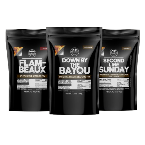 Three black bags of Creole seafood fry seasoning with different labels.