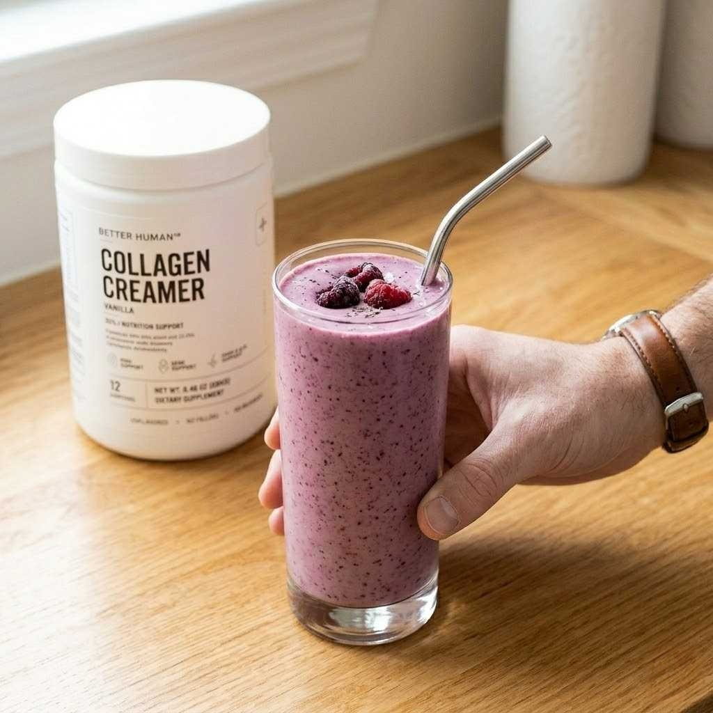 A hand holds a glass of berry smoothie next to a container of Better Human Collagen Creamer.