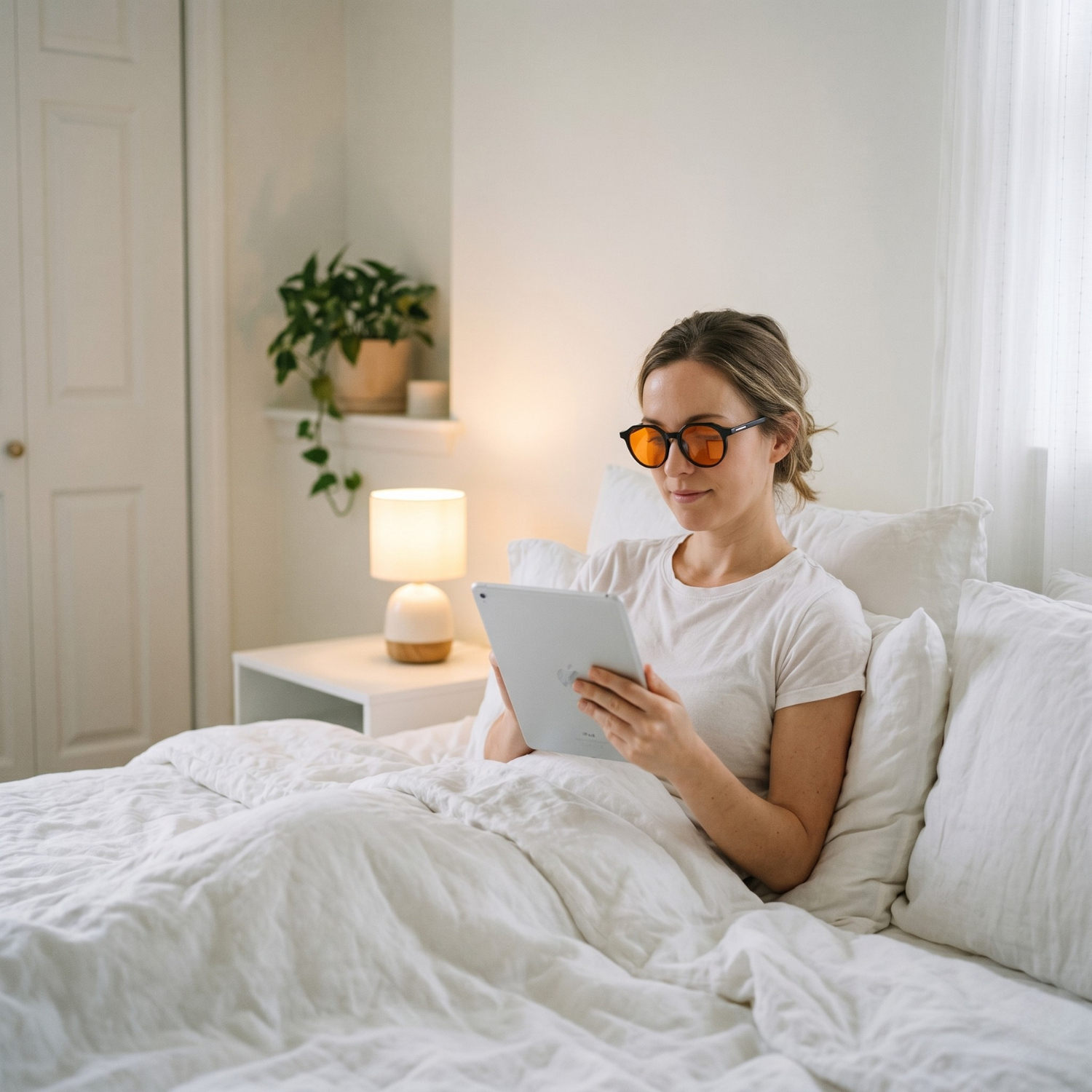 A woman wearing orange-tinted glasses sits up in bed and looks at a tablet.