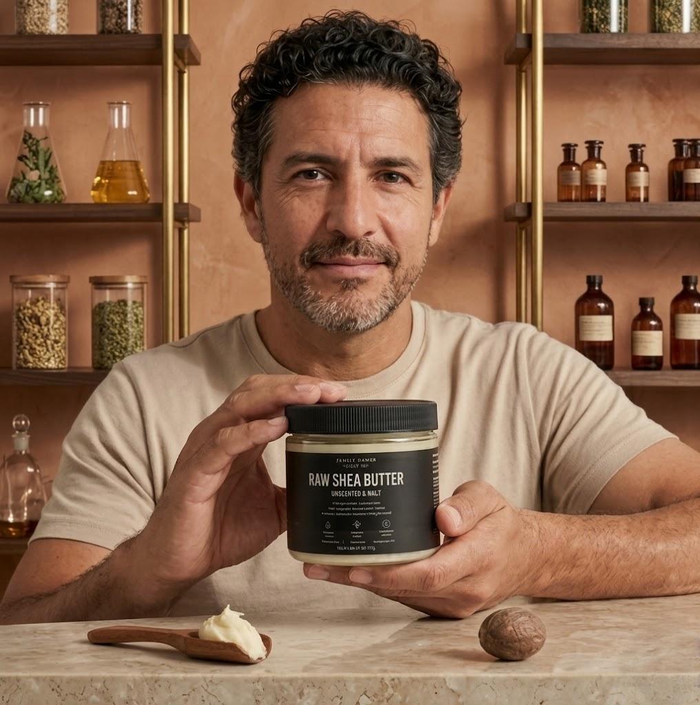 A man holds a jar of Raw Shea Butter with a spoon and shea nut on the counter.