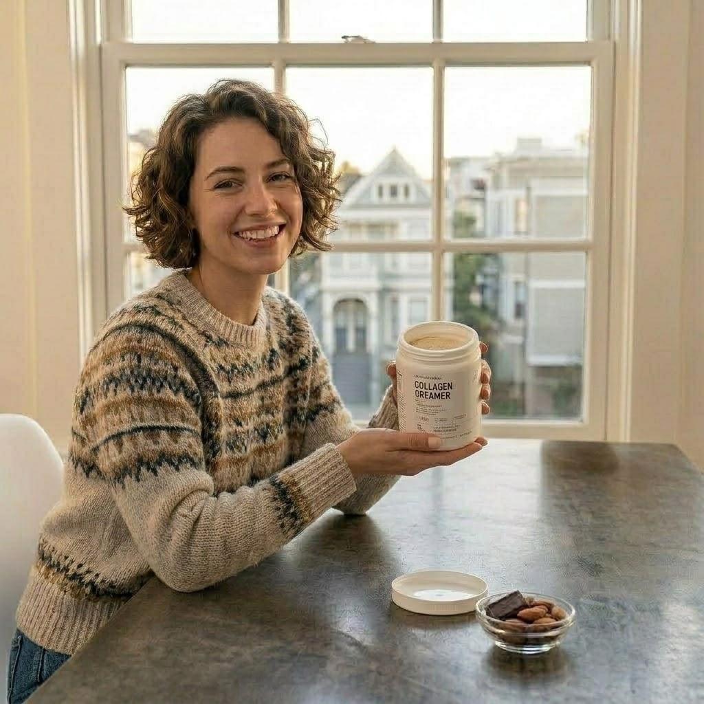 A smiling woman in a patterned sweater sits at a table holding a white tub of Collagen Dreamer.