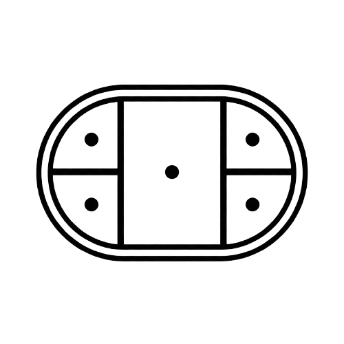 A black and white line drawing of an oval divided into five sections, each containing a dot.