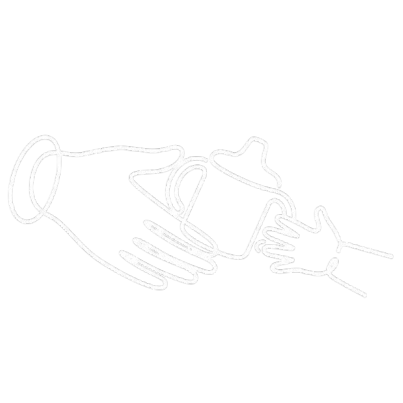 A continuous line drawing of an adult hand passing a sippy cup to a child's hand.