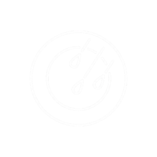 A white line icon of a percentage symbol with raindrops inside a circle.