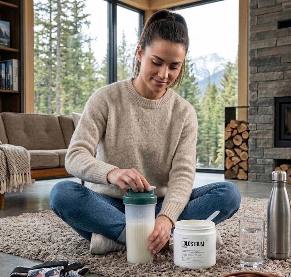A woman sits on a rug and mixes a colostrum powder drink in a shaker bottle.