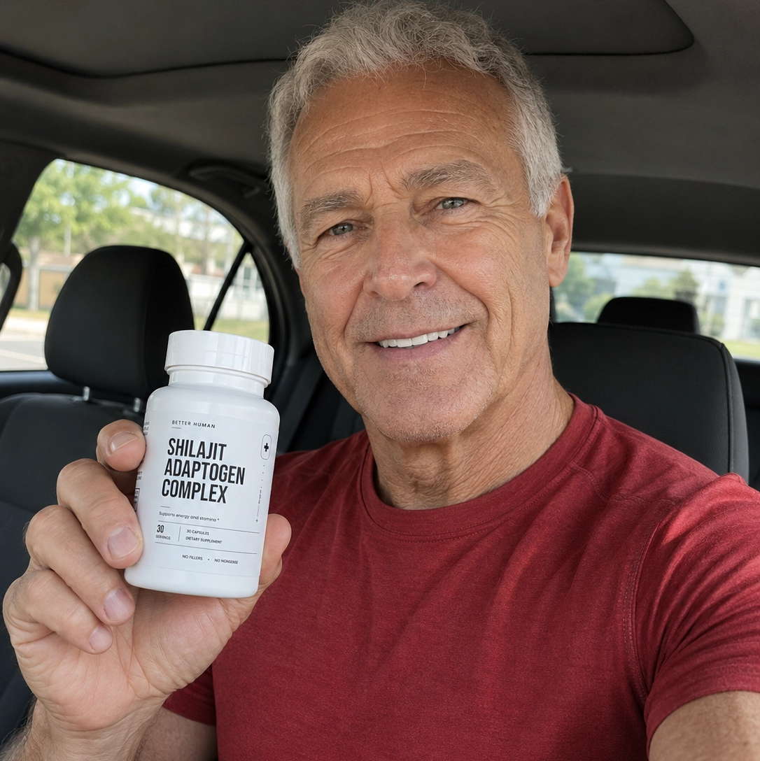 A smiling man with grey hair sits in a car, holding a white bottle of supplements.