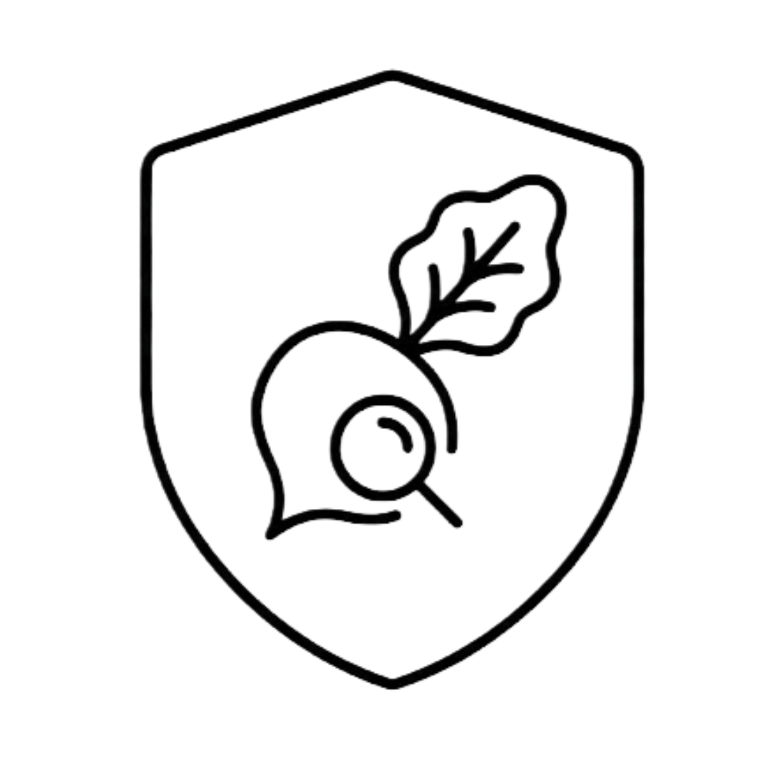 A black and white line icon of a shield containing a root vegetable being examined by a magnifying glass.