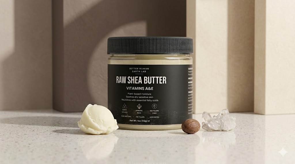 A jar of Raw Shea Butter sits on a countertop next to a scoop of the product.