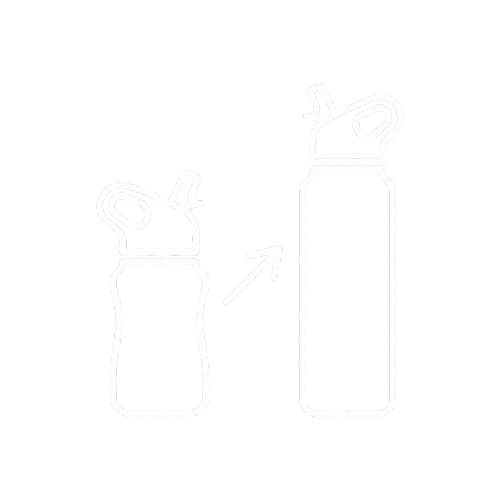 A line drawing of a small water bottle being replaced by a larger water bottle.