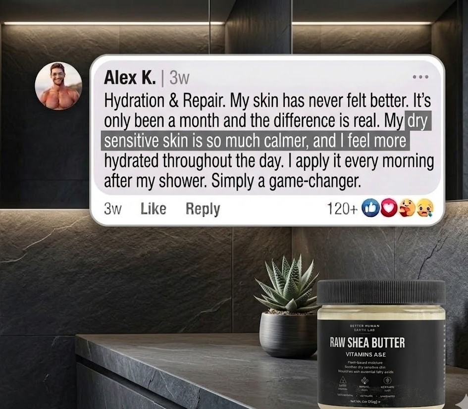 A jar of Raw Shea Butter on a bathroom counter with a positive customer review for the product.