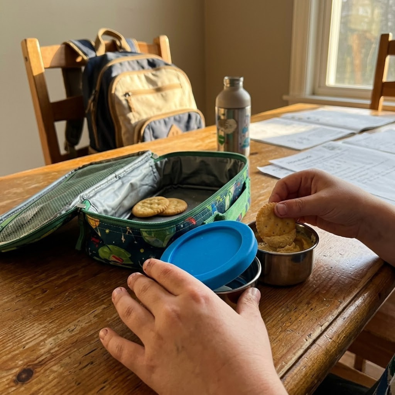 A person sits at a wooden table, dipping a cracker into a container of hummus from their lunchbox.
