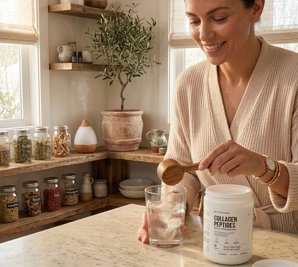 A jar of collagen creamer next to two different smoothies on a marble table by a window.