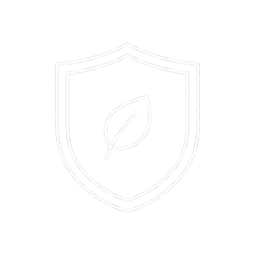 A white line drawing icon of a shield with a leaf in the center.