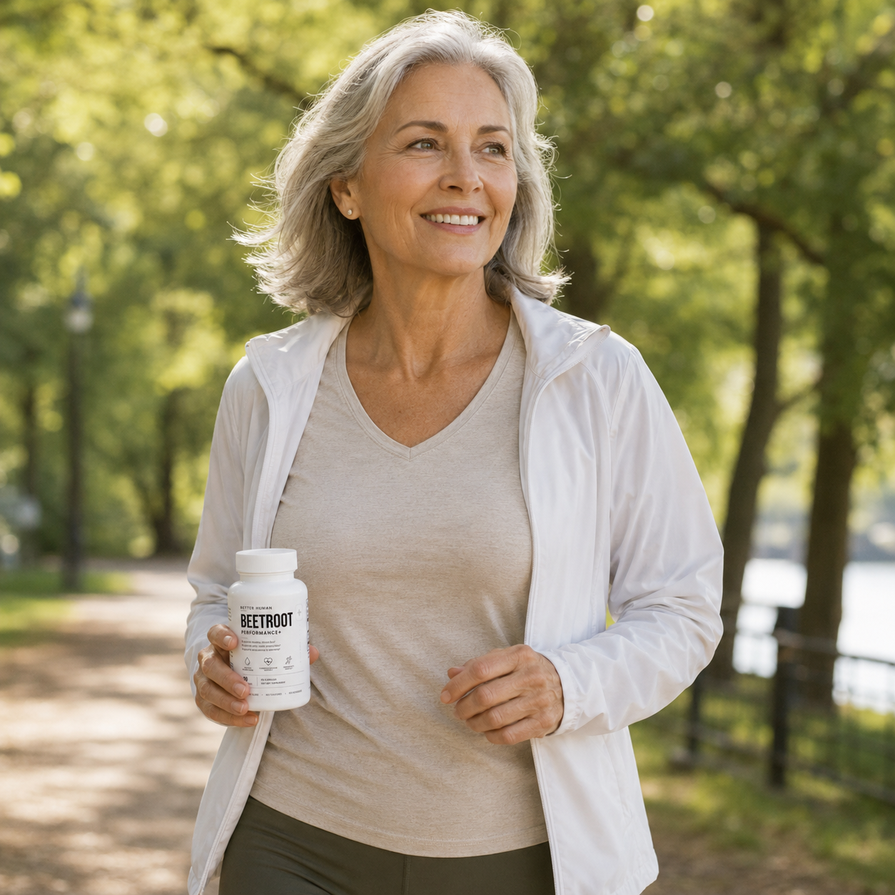 A woman with grey hair walks in a park, holding a bottle of beetroot supplements.