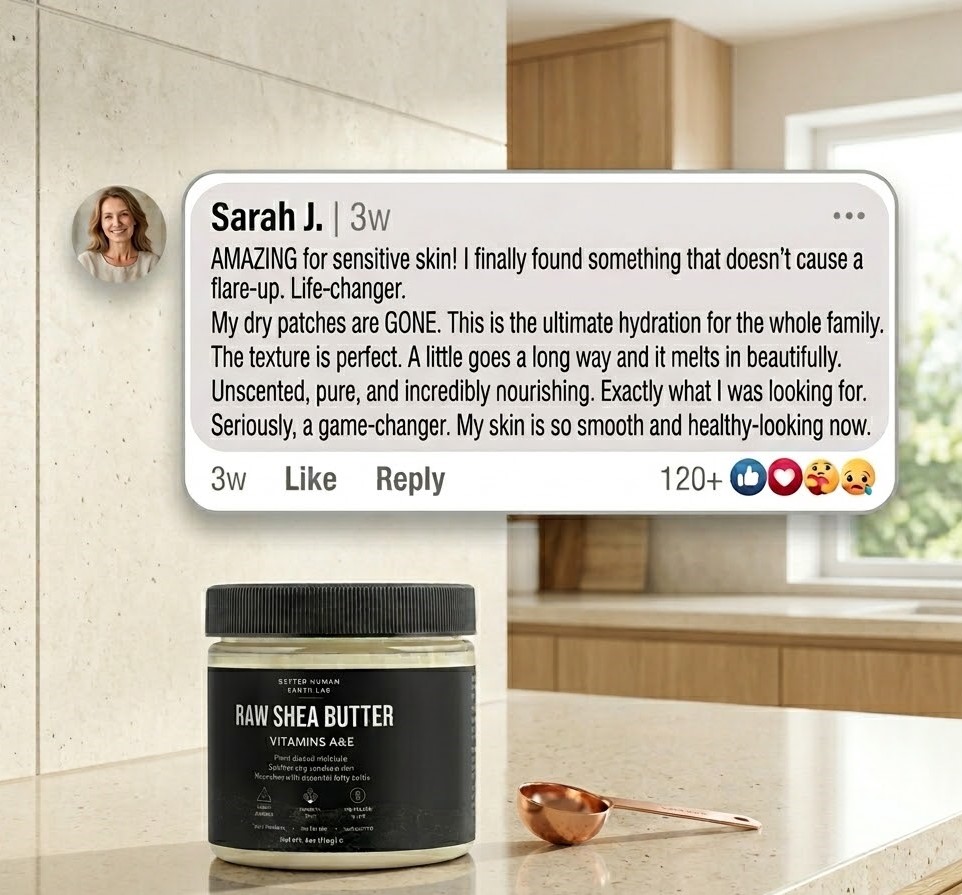 A testimonial for Better Human collagen creamer next to the product on a bathroom countertop.