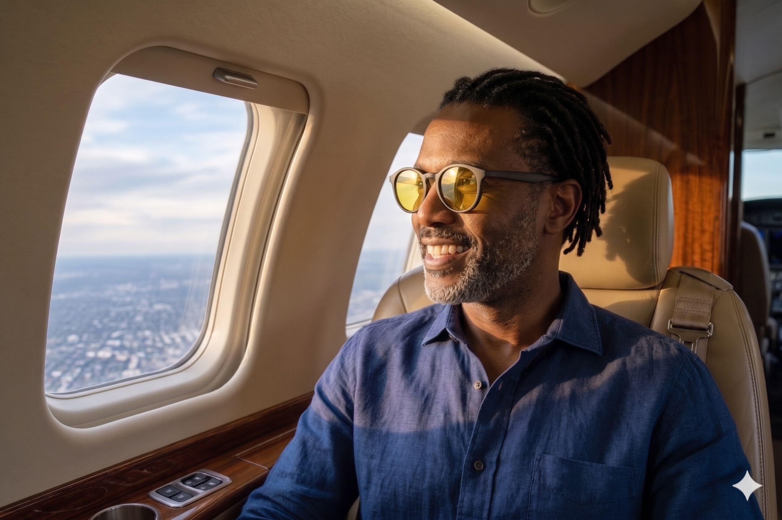 A smiling man with glasses and dreadlocks looks out the window of a private jet.