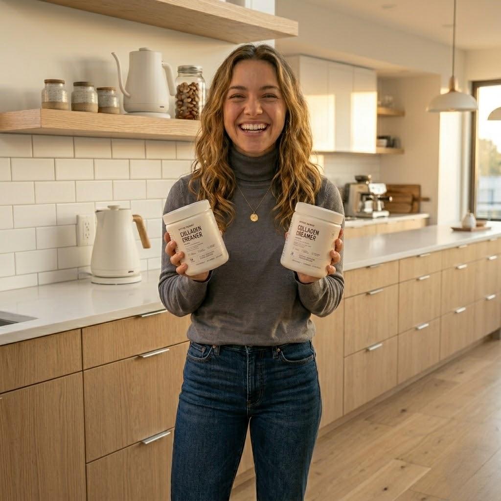 A smiling woman in a kitchen holds up two white tubs of collagen creamer.