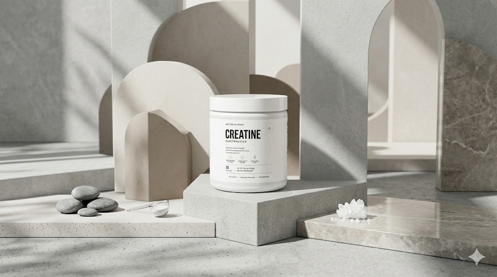 A white tub of creatine supplement on a minimalist set with stone arches, rocks, and shadows.