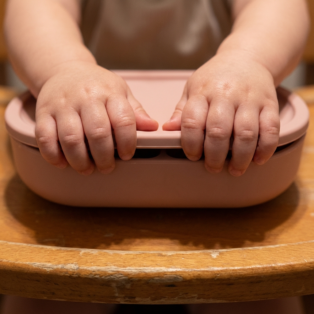 A close-up of a baby's chubby hands resting on a pink lidded container on a wooden surface.
